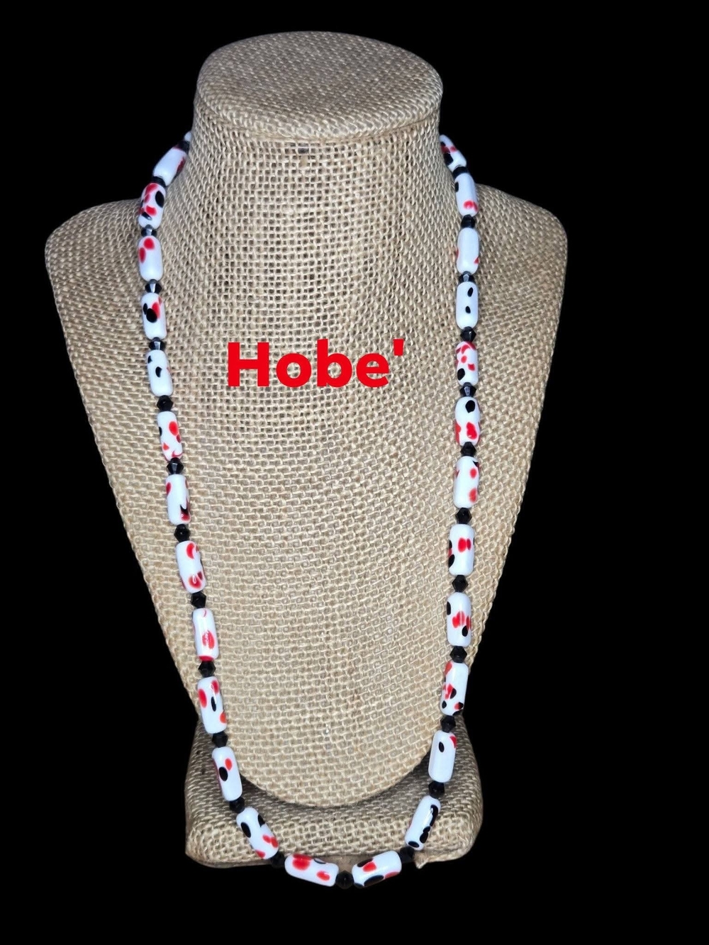 Vintage Signed Hobé Red Black White Splatter Glass 24" Necklace